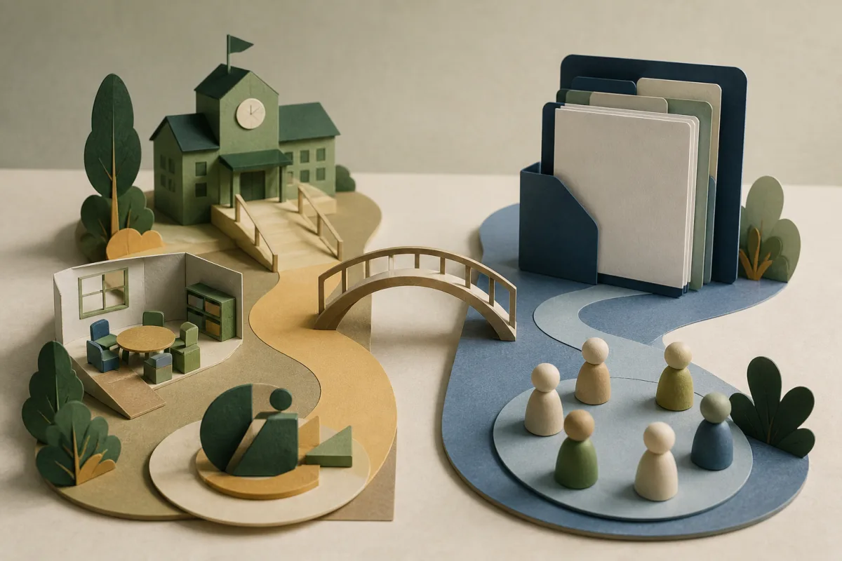Paper-cut school access pathway and public report folder connected by a bridge