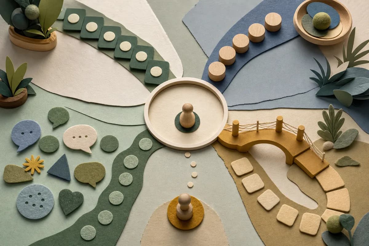 Separate paper-cut routine cue, staff rehearsal, pupil-view and support pieces remain visible around a human review desk