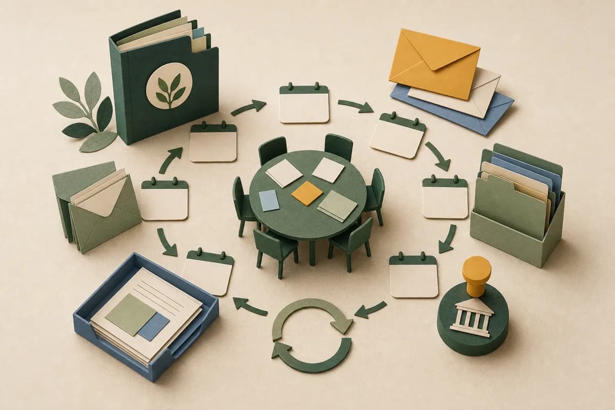 Paper folders, invitations, meeting table, report tray and decision marker arranged as an annual review cycle