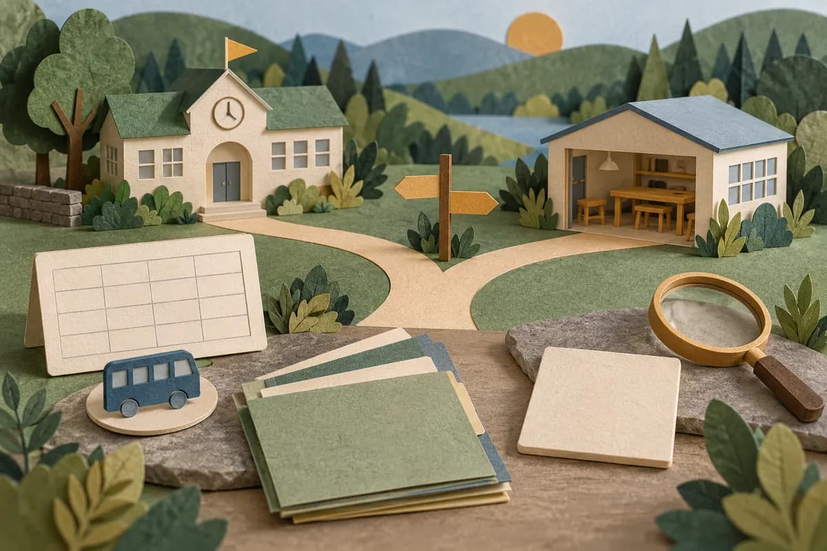 Paper school and workshop buildings connect along a branching path beside a blank timetable, transport token and magnifying glass