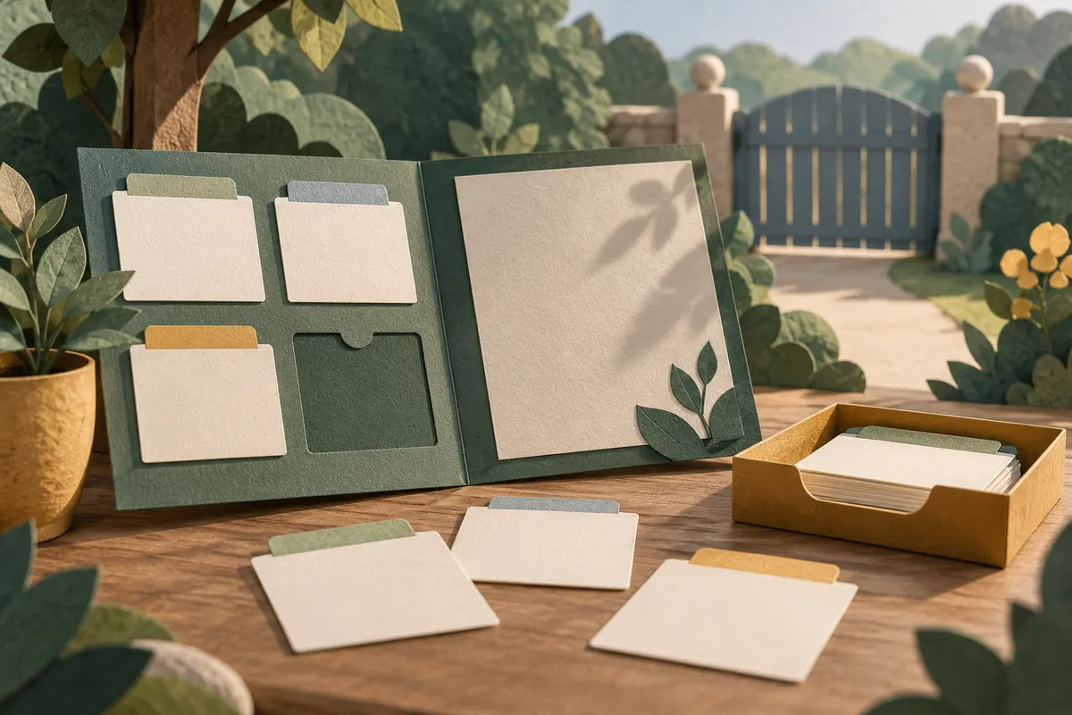 An open paper folio holds blank cards beside an empty slot, with a handover tray and closed gate behind it