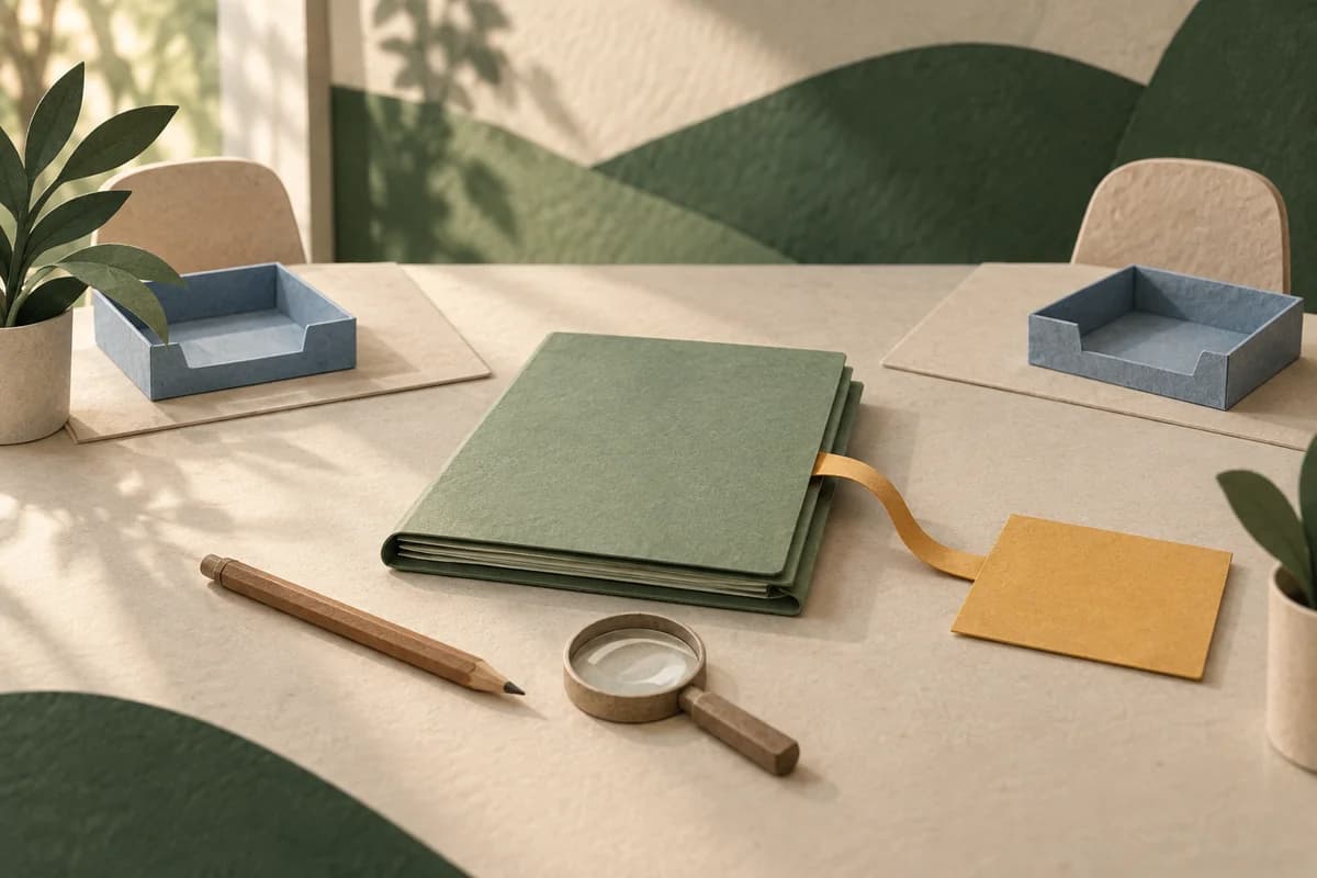 Two paper workstations face a closed folder and a separate action card, with a pencil and magnifying glass