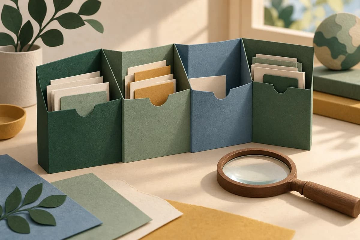 Four paper folder compartments hold separate records, with a gap and a magnifying glass beside them