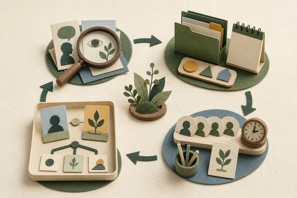 Four linked paper-cut evidence stations for assessment, planning, delivery and review