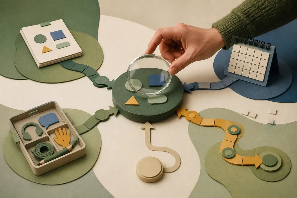 Paper-cut assessment, attendance, support and curriculum evidence paths meeting under a hand-held review lens