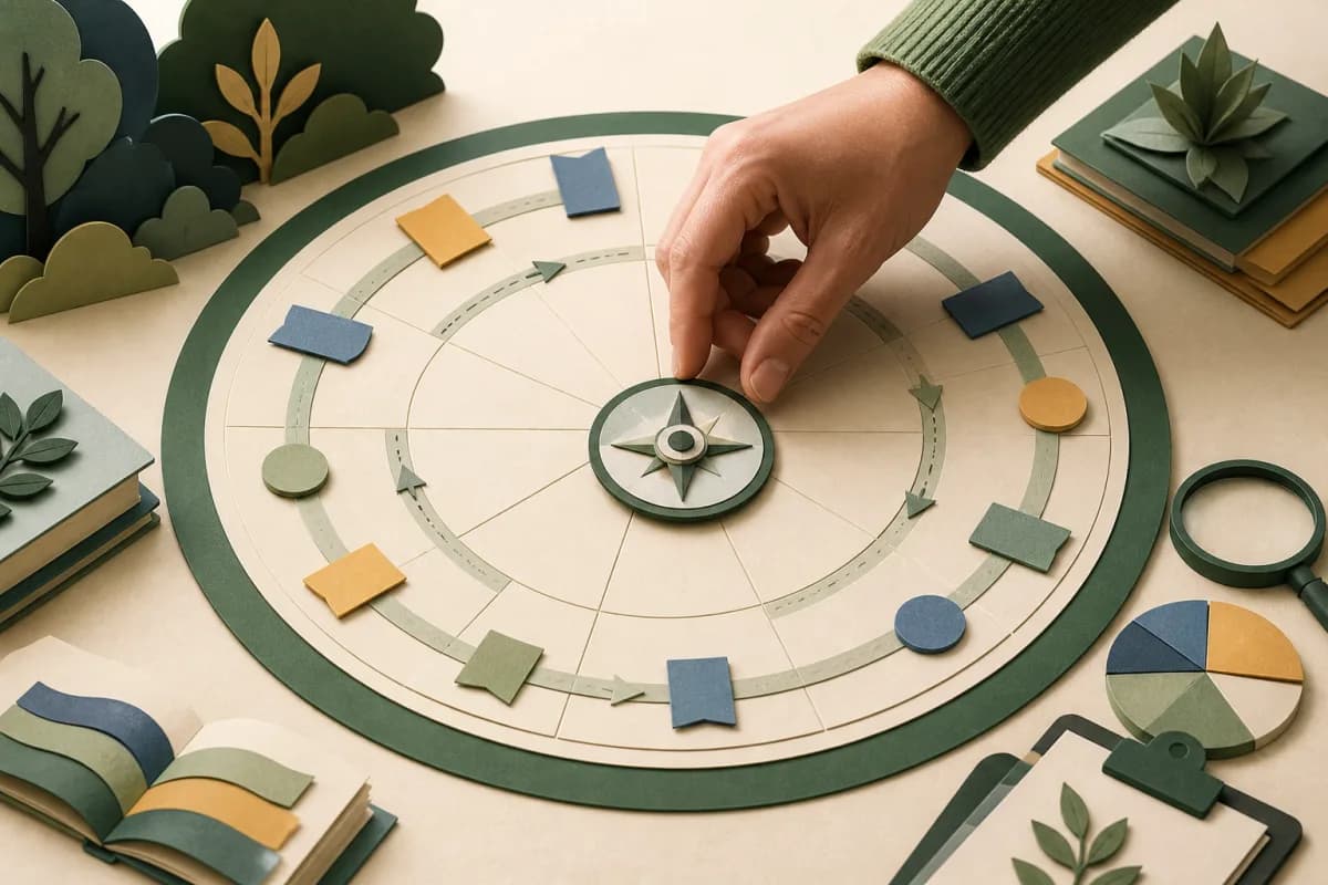 Paper-cut school-year planning board with open teaching spaces and a hand placing a decision compass