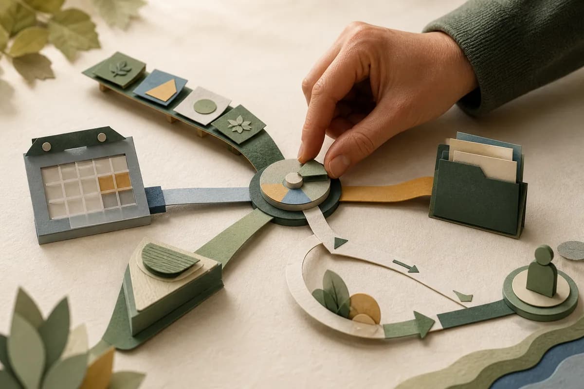 Paper-cut curriculum, assessment window, adjustment and report paths meeting at a hand-operated review dial with an open correction loop
