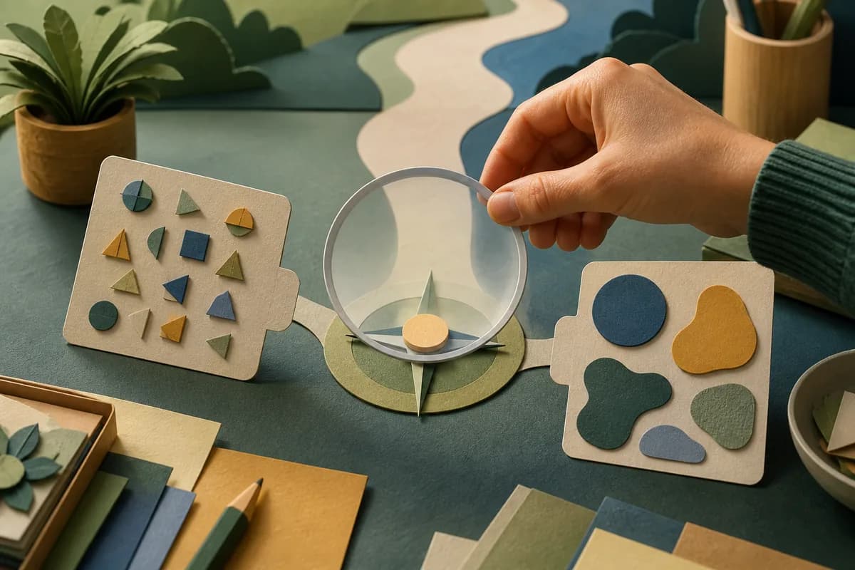 Two different paper-cut evidence cards held apart while a professional hand reviews a central decision marker through a lens