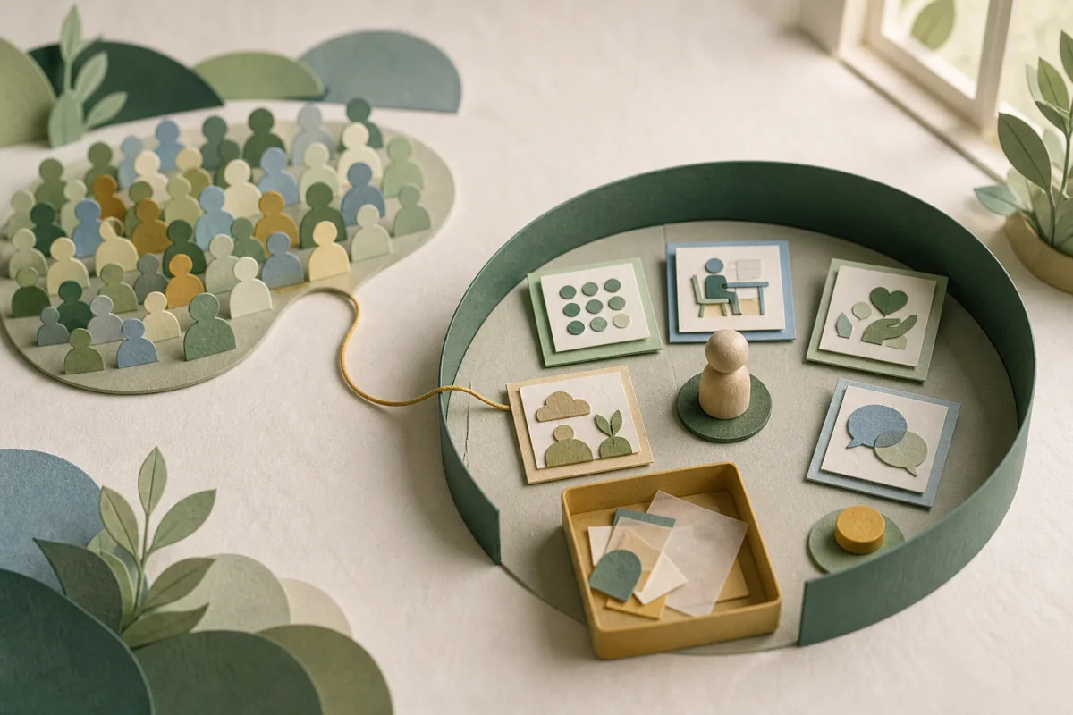 An aggregate paper cohort connects to a pupil-centred review with separate evidence, voice and correction cards