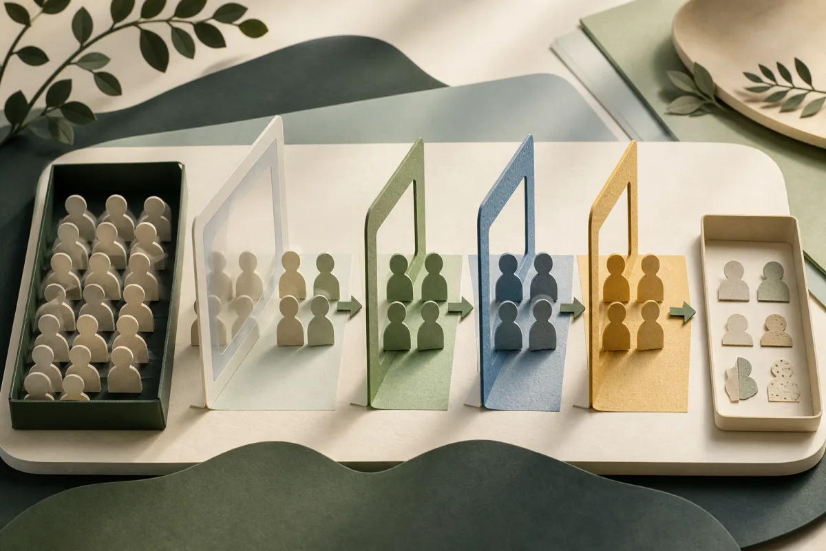 Paper cohort tokens pass through separate analysis lenses while incomplete records remain visible in a side tray
