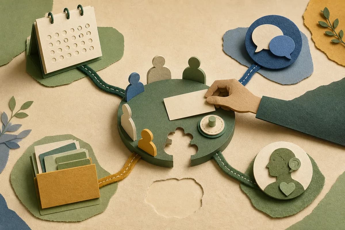 Separate paper-cut attendance, communication, support and pupil-voice paths meeting at a human review table with a visible information gap