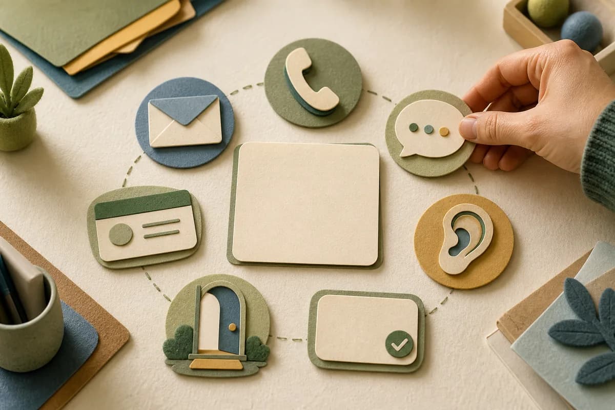Seven tactile contact-route tokens arranged around a blank family contact card while a professional hand completes the check