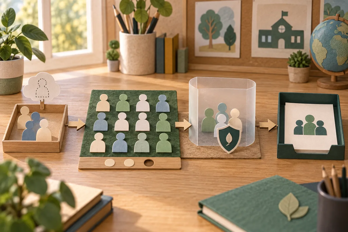 Paper pupil tokens move through a cohort board and privacy screen into a simplified group report