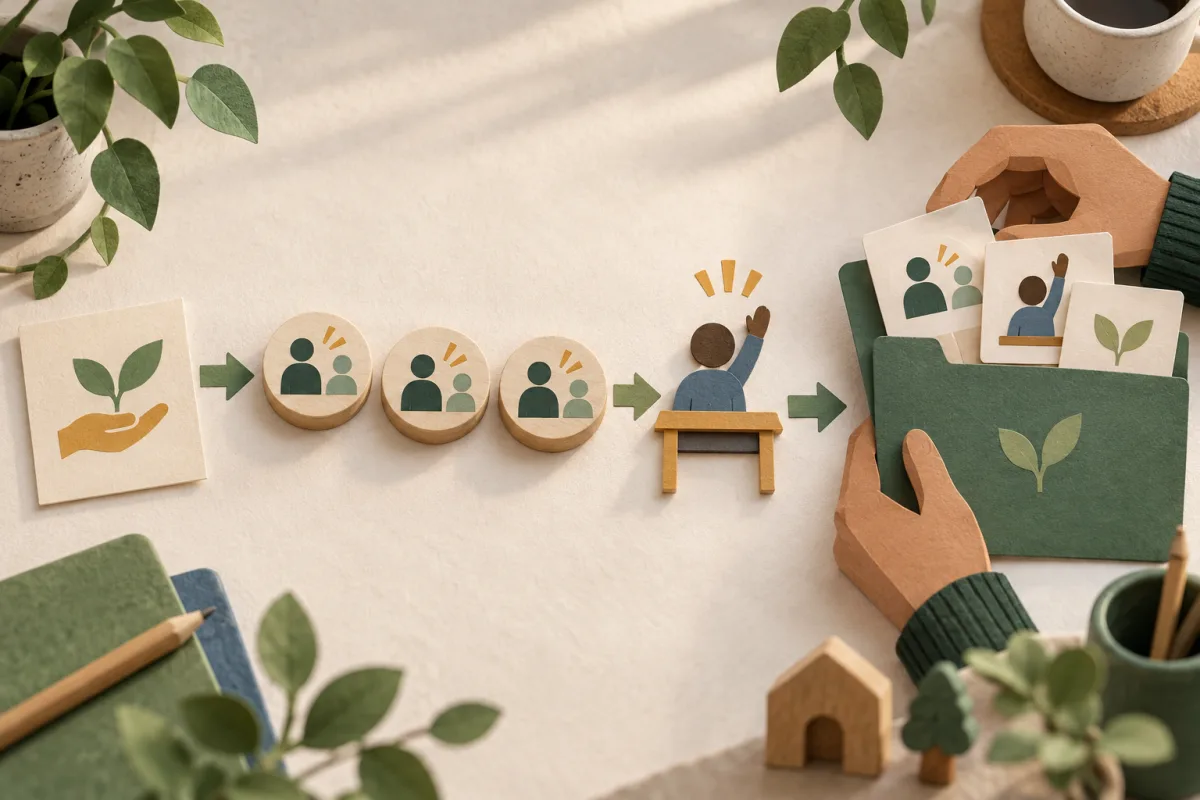 A paper-cut attendance support plan moving through delivered sessions, pupil participation and an adult-held evidence record