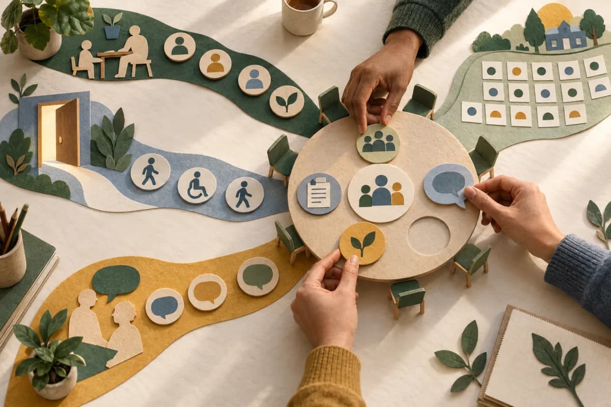 Paper-cut delivery, access, conversation and attendance evidence paths meeting at a human review table with a visible gap