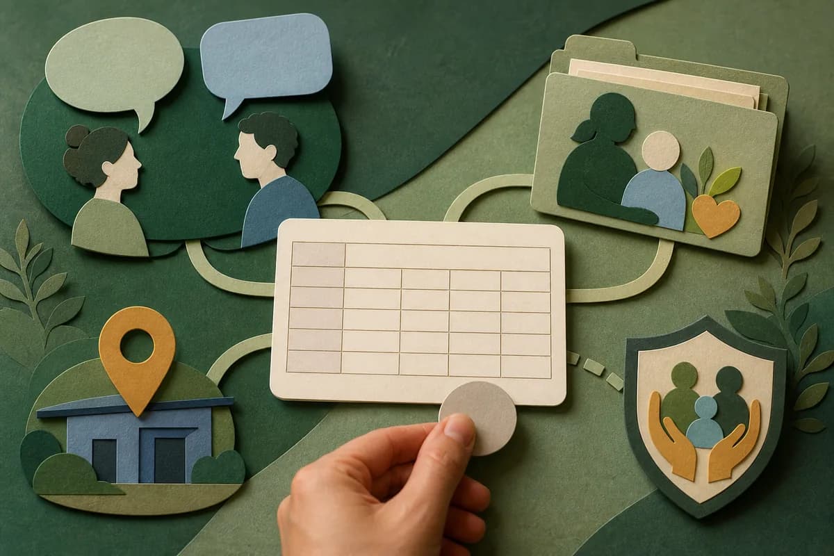 Paper-cut attendance card linked to a family conversation, contextual folder, off-site setting and safeguarding review route