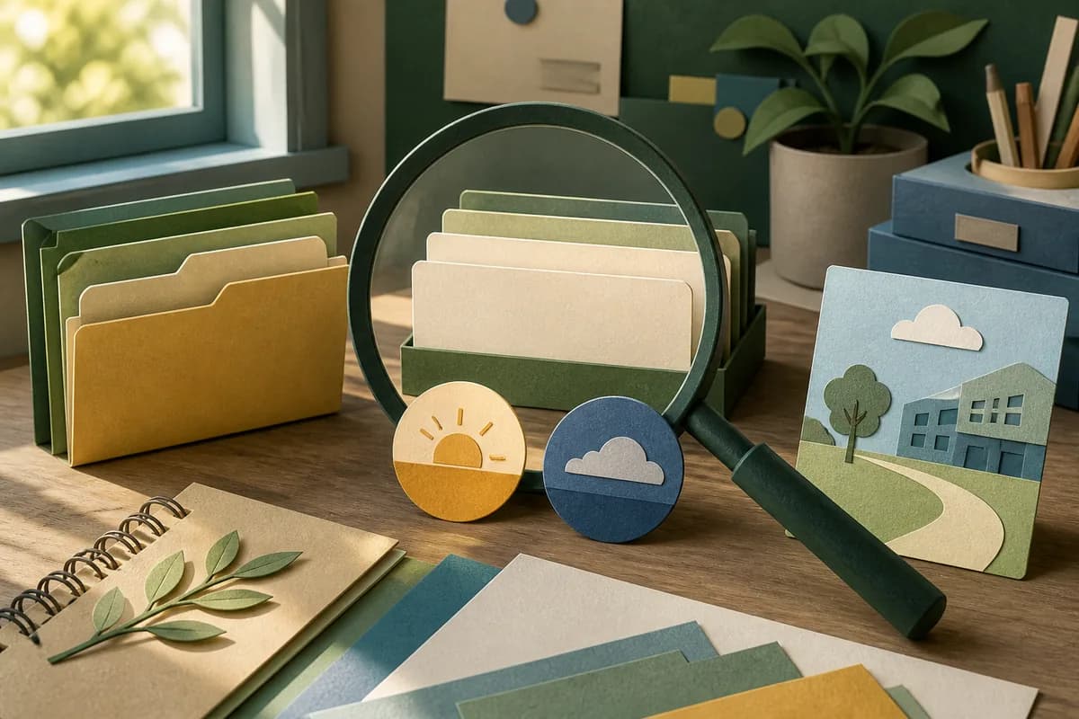 Paper-cut register folders, morning and afternoon tokens and a magnifying glass on a school office desk
