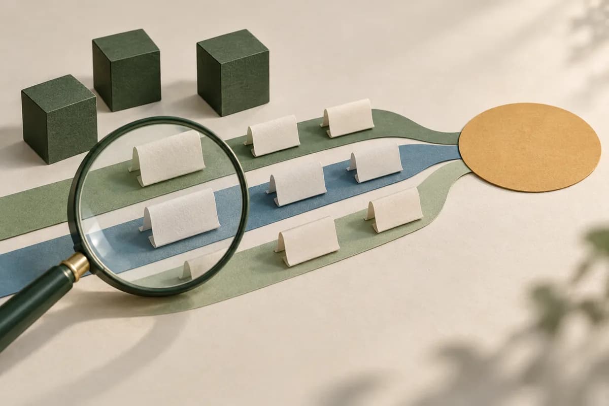 Layered timelines, blank roll cards and class blocks sit beneath a magnifying glass beside an empty review circle.