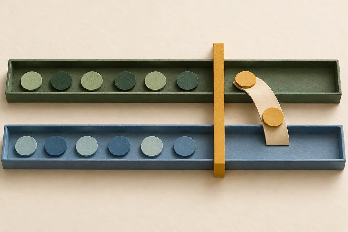 Two class trays retain earlier session tokens while two pupil tokens cross a bridge beyond a cutover marker.