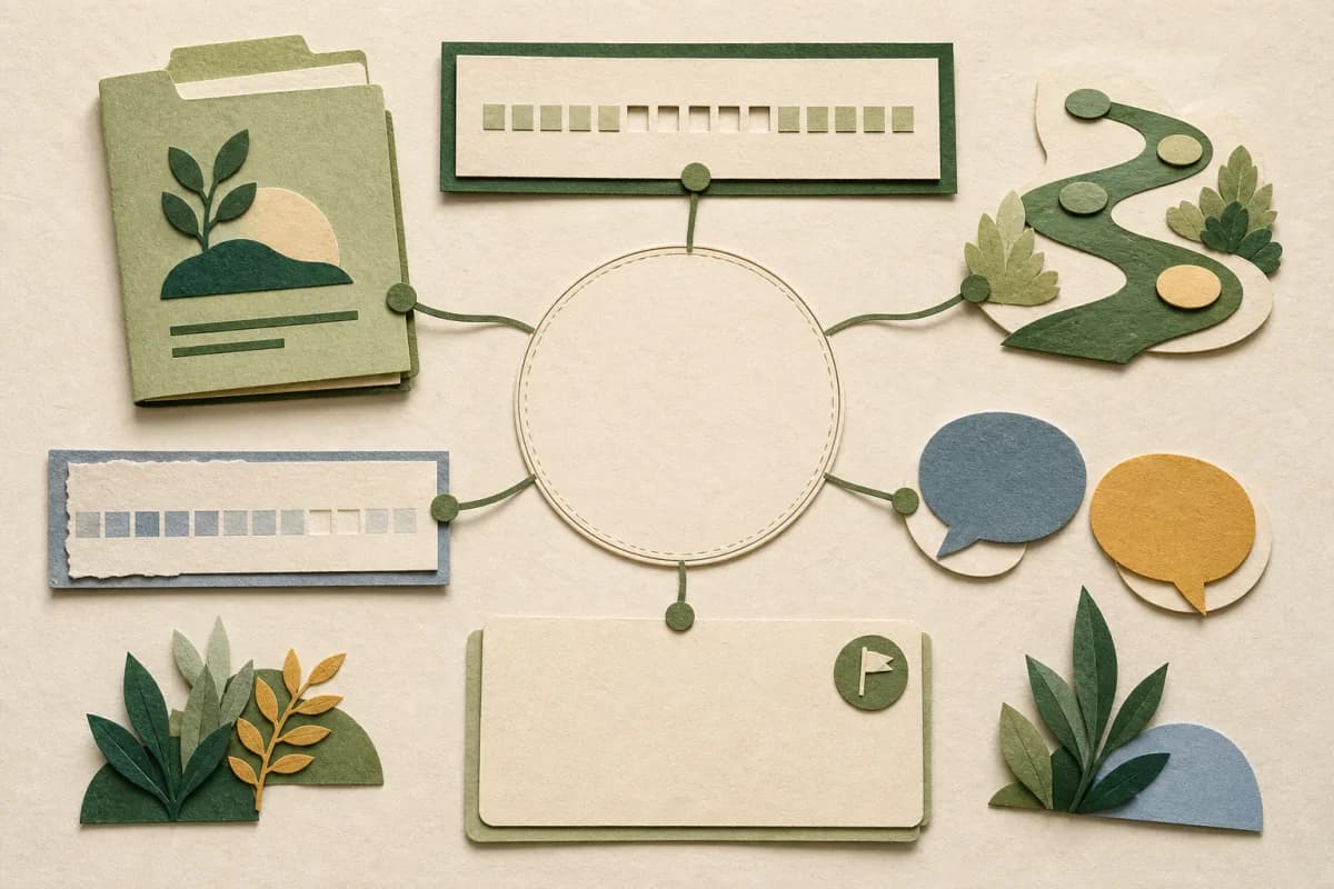 Separate paper-cut attendance, support, provision, earlier-record and pupil-and-family voice pieces connect to a human review space