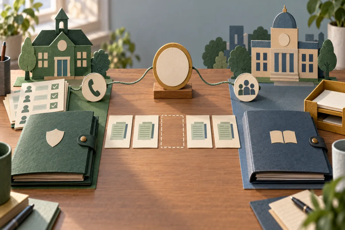 Paper-cut school and local authority work stations exchange blank provenance cards while a protected safeguarding folder remains closed