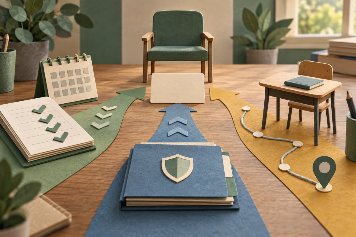 Three paper-cut routes for attendance, safeguarding and children missing education lead to an empty professional review chair