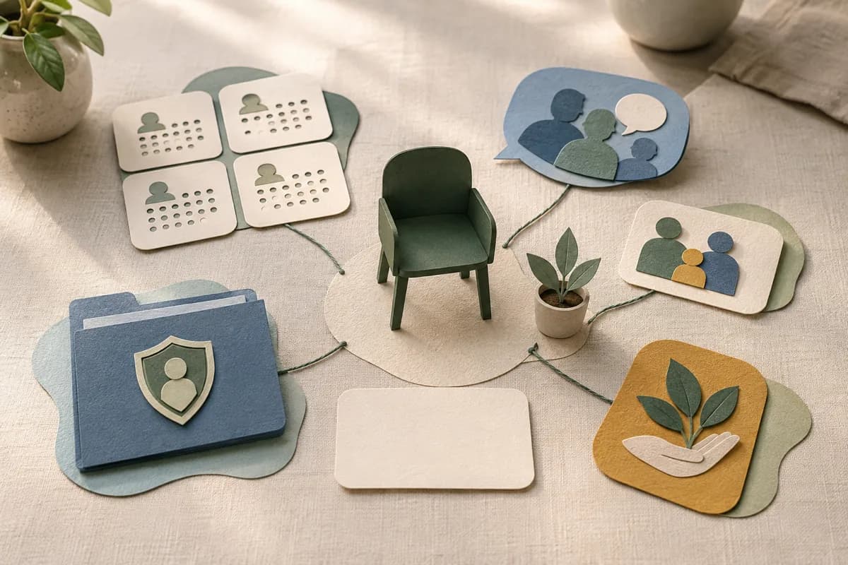 Separate paper attendance, pupil voice, family contact, support and safeguarding pieces connect to an empty human review chair