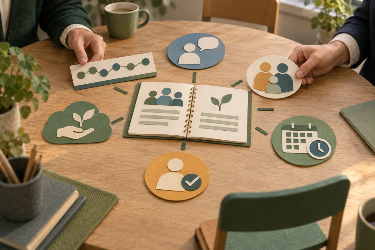 Six blank paper evidence pieces arranged around an open attendance support meeting record