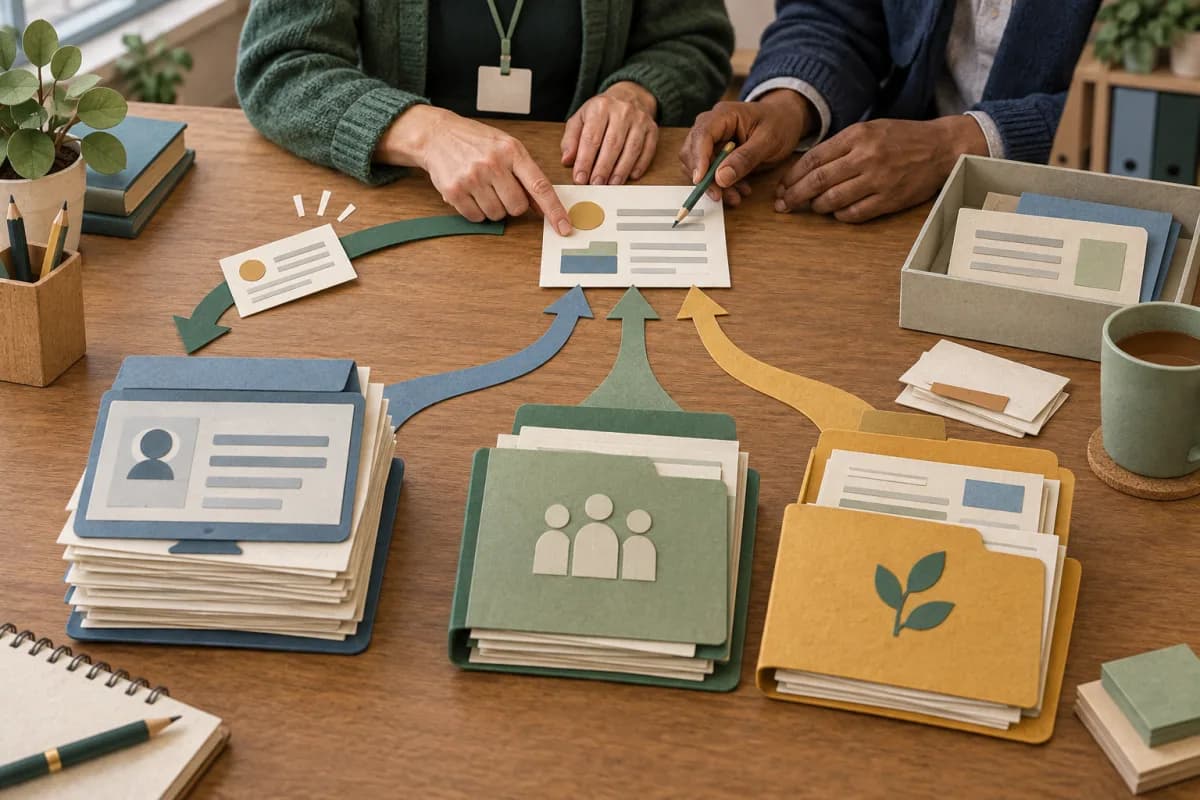 Three evidence folders converging at an adult review before a correction returns to the record
