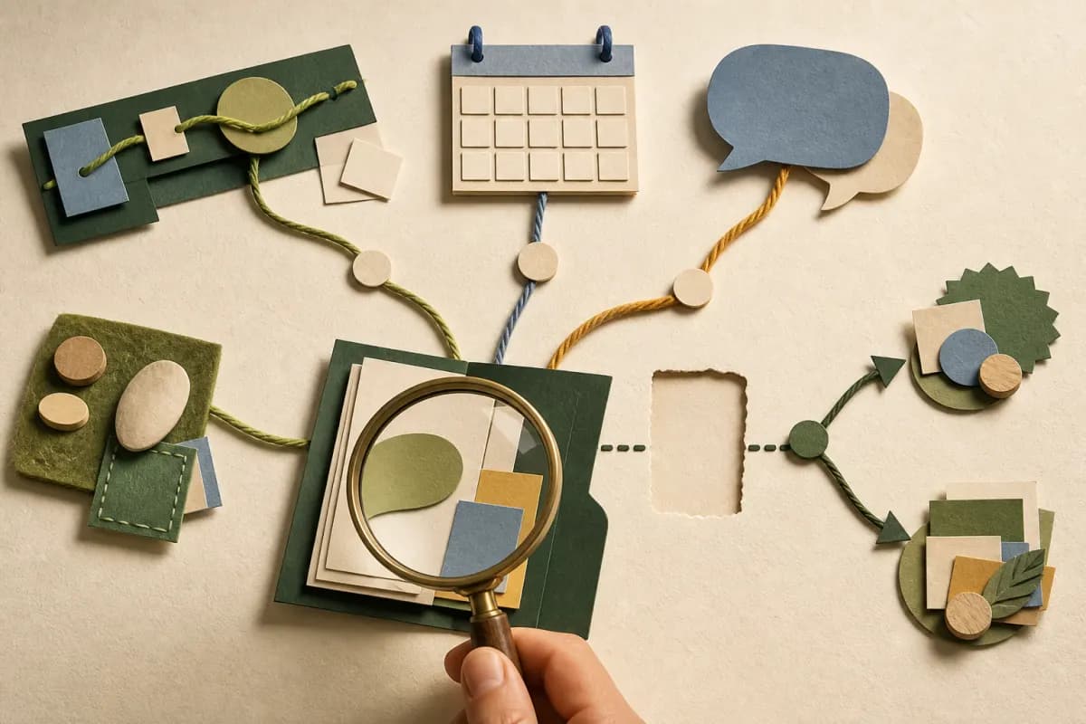 Paper-cut curriculum, attendance, support and pupil-voice paths meet at a human-held review lens beside an empty evidence space