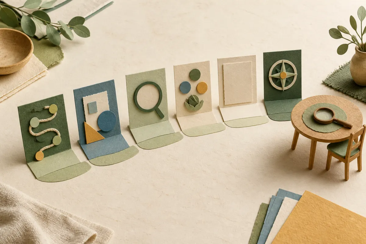 Six paper-cut evidence stages lead to a human review table with space between them for teaching