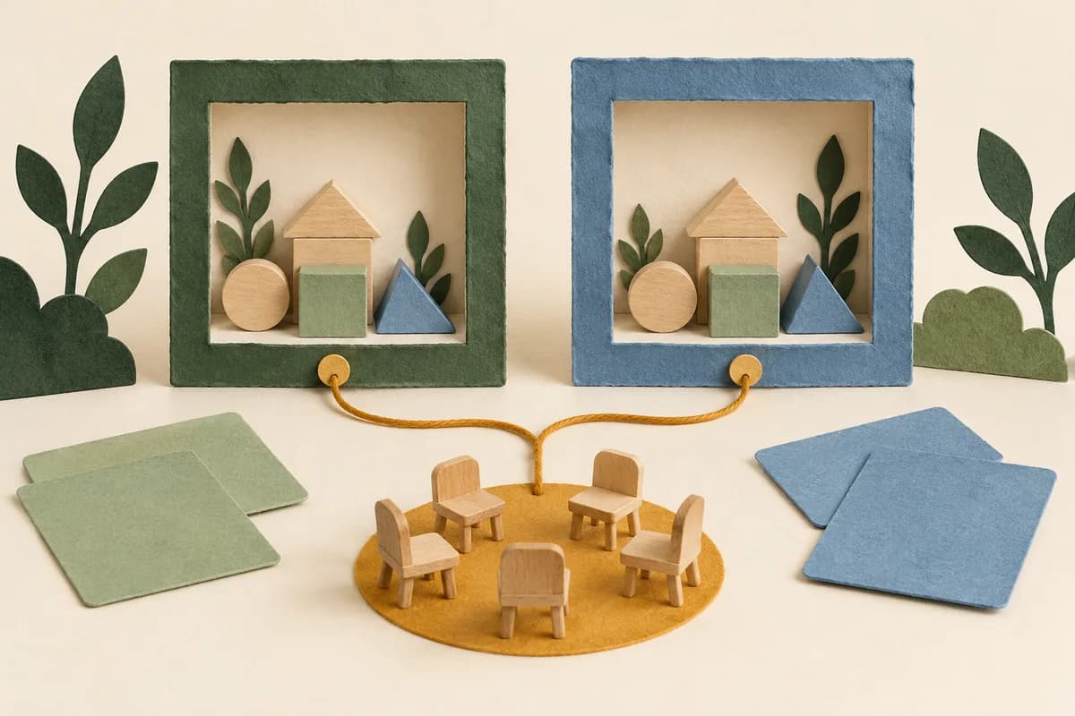 Two equal paper frames containing wooden lesson blocks connected by thread to a circle of empty seats