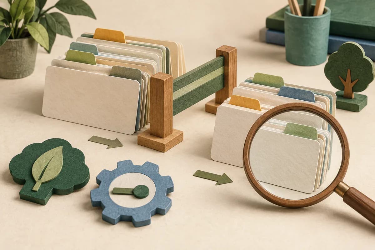Blank layered cards, a small wooden gate and a magnifying glass arranged on a cream table