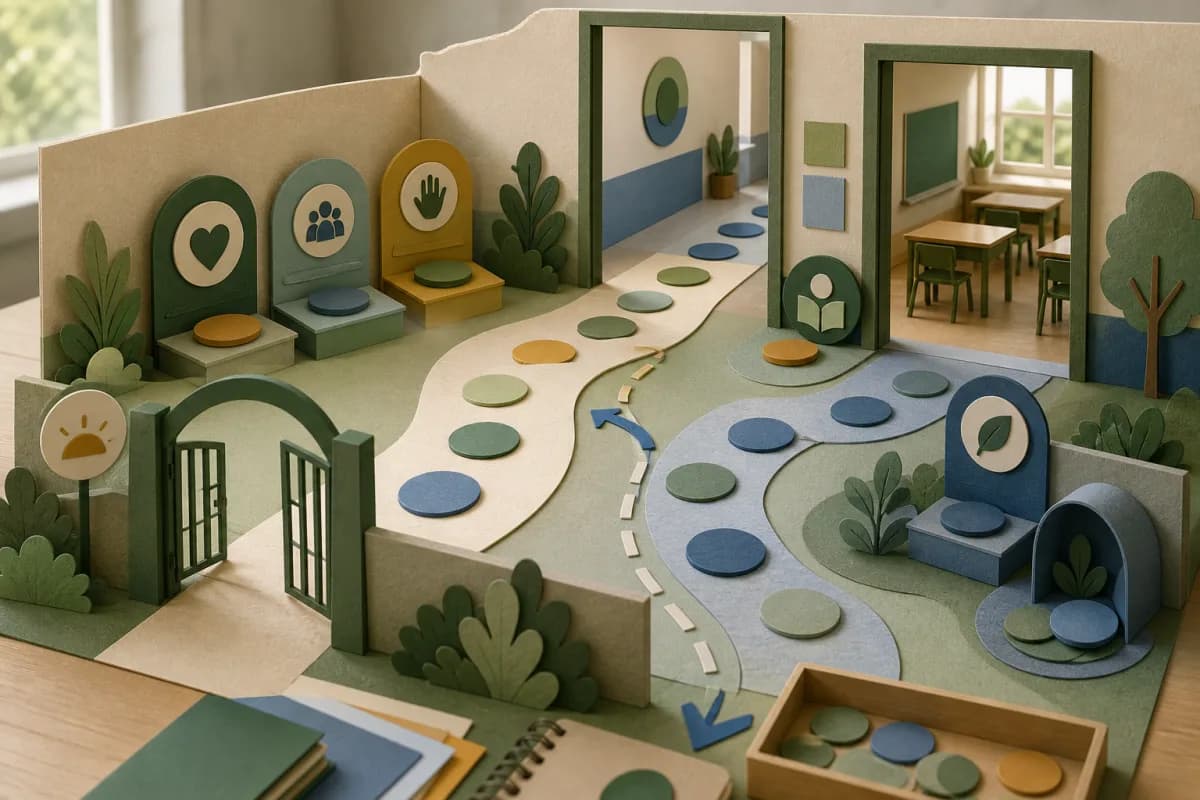 Paper-cut school route from an open gate through transition points to a calm classroom