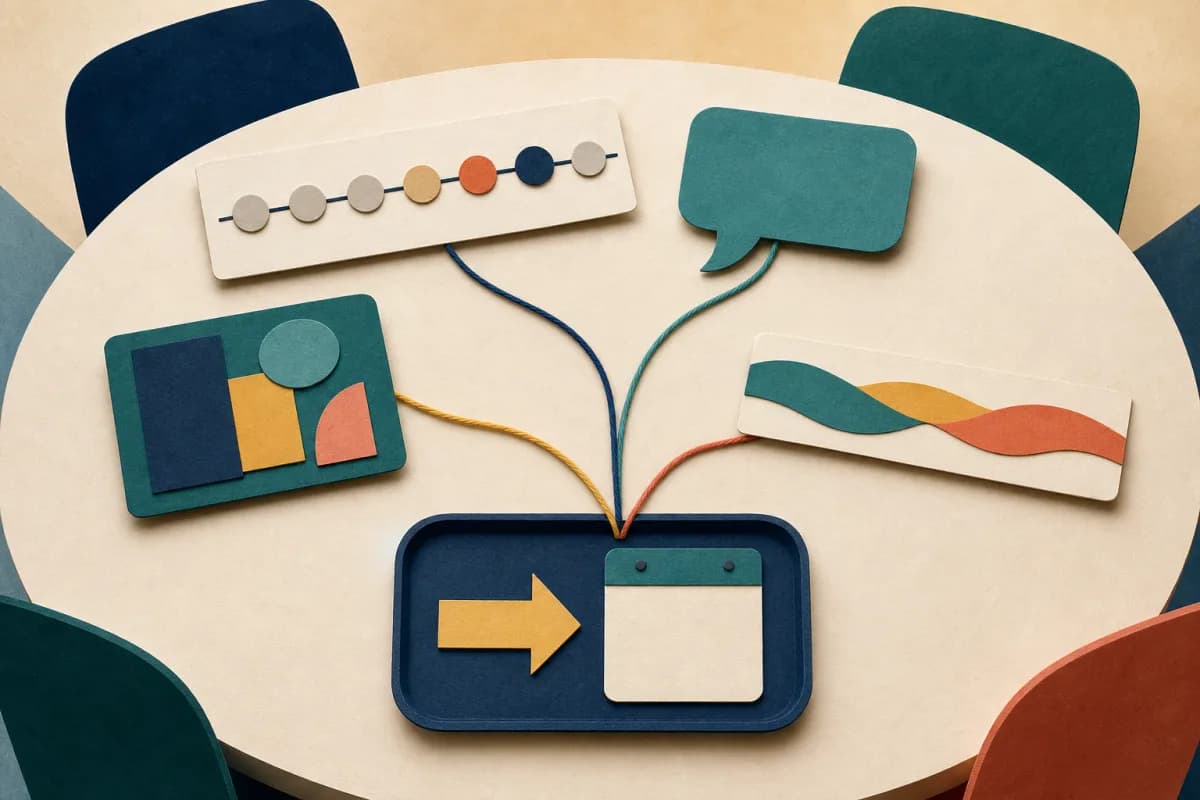 Text-free incident timeline, pupil voice, provision and attendance cards connected to a blank action tray