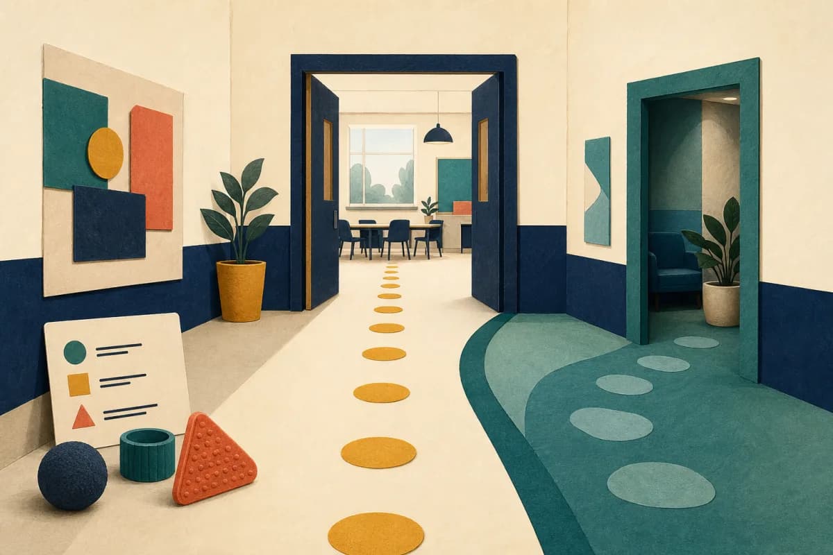 Two abstract routes through a school corridor leading towards learning spaces, with a text-free adjustment card and sensory objects