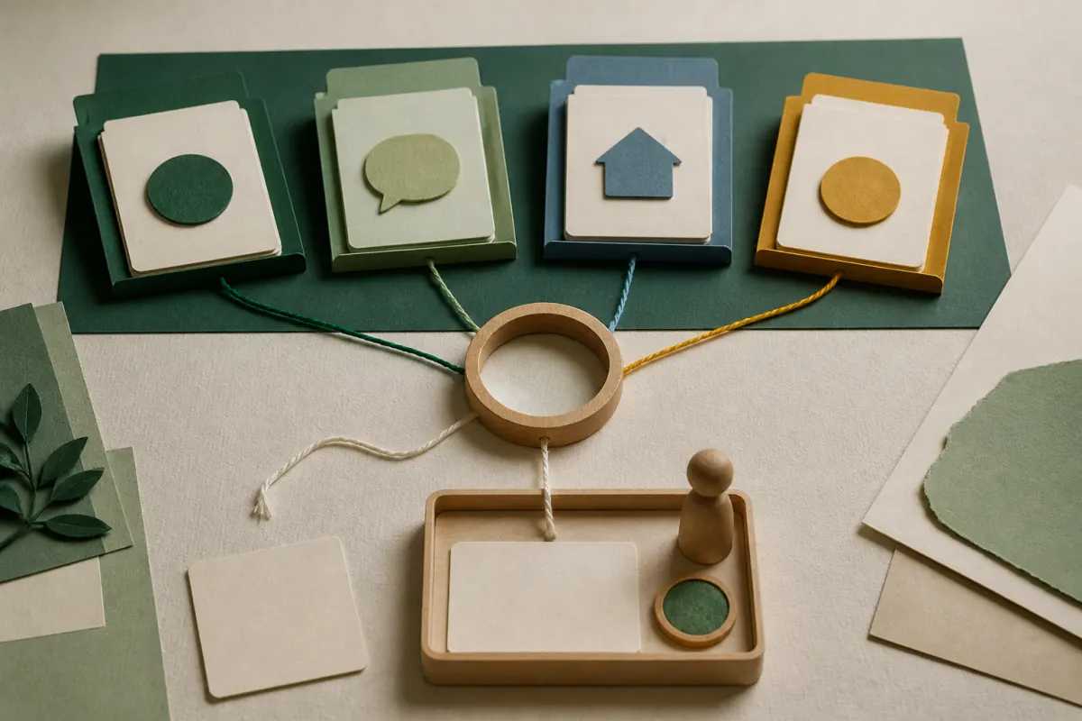 Four separate blank source folders connect to a magnifying frame and an empty human review tray with a visible missing thread
