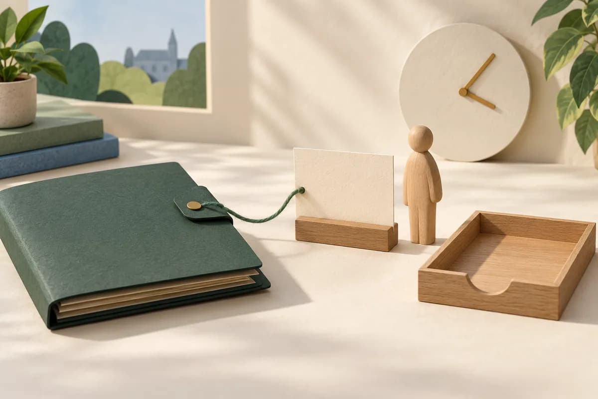 A closed green folder linked to a blank card beside a wooden adult figure, clock and empty tray