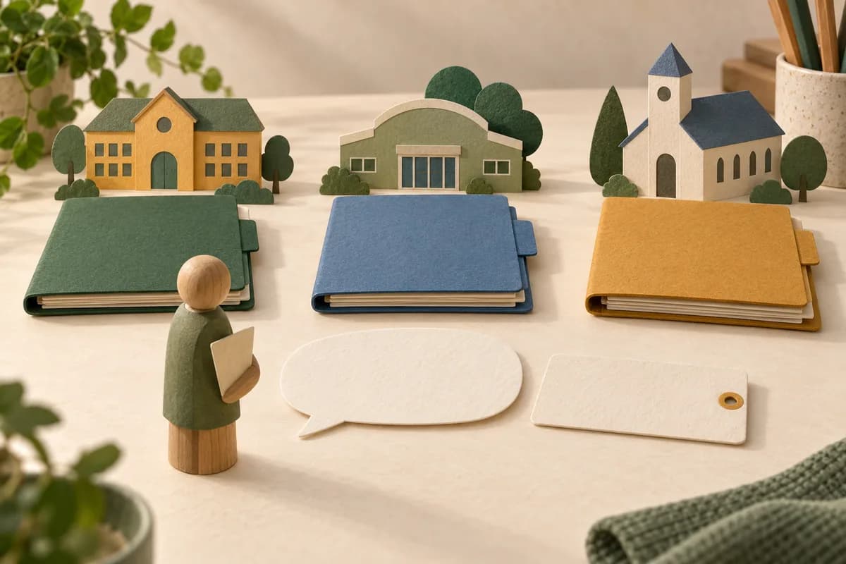 A wooden adult figure with blank source tags in front of three folder and building groups