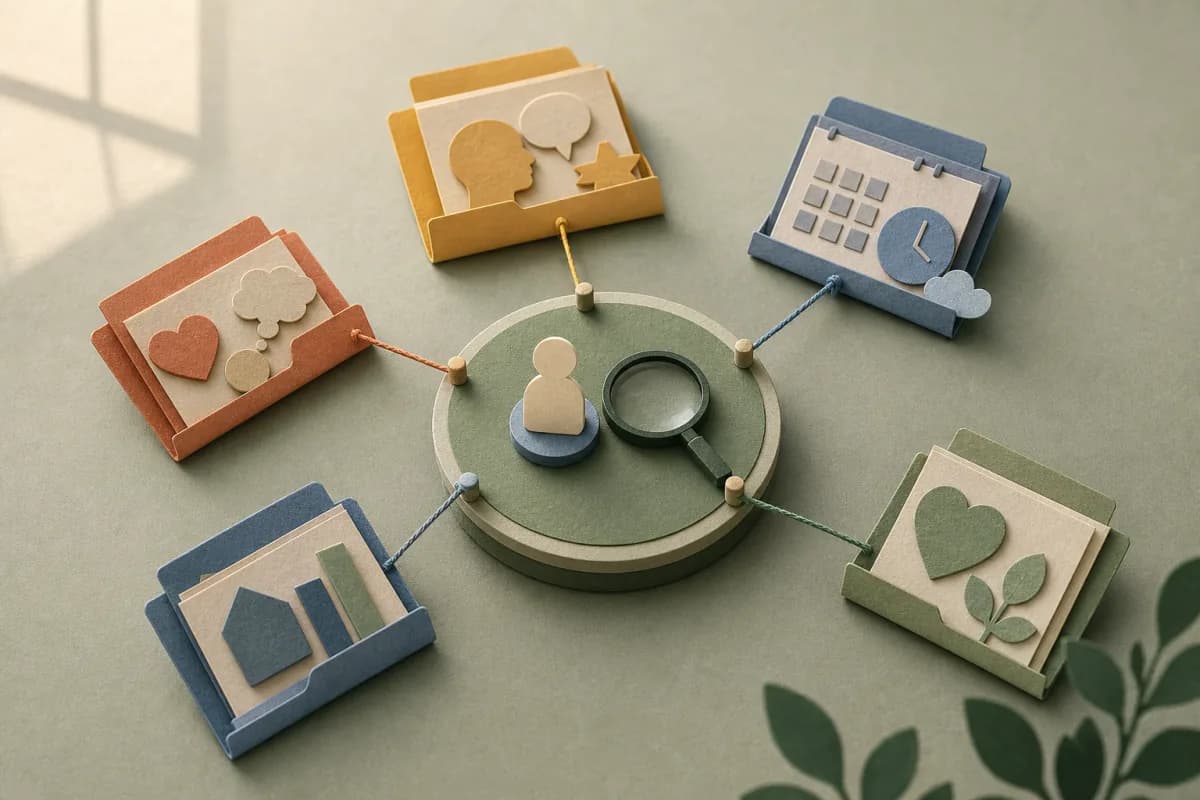 Five paper record folders linked by thread to one pupil-centred review point