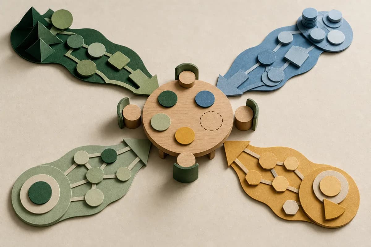 Four paper data paths converging on a review table with an open decision space