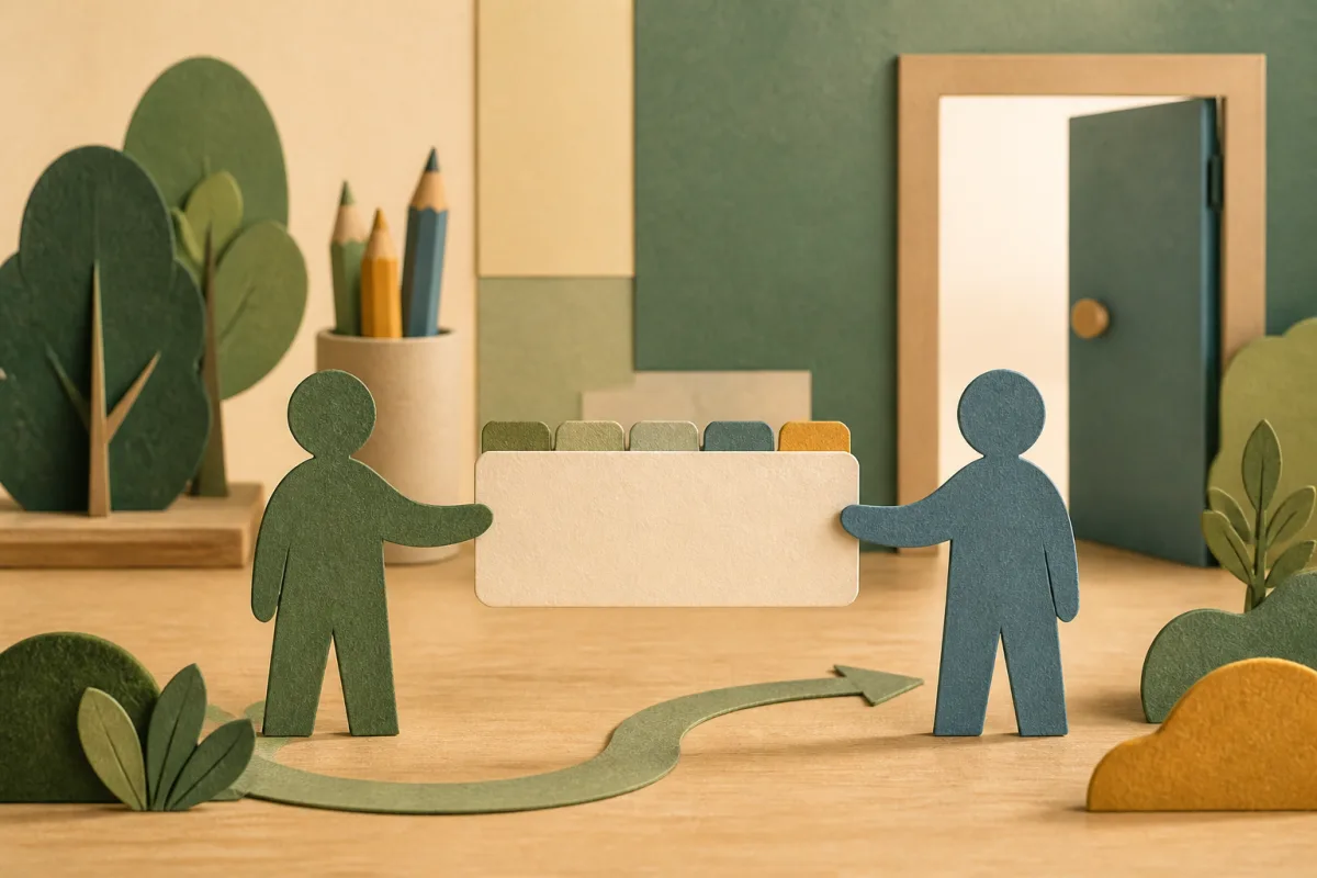 Two paper-cut adult figures pass a blank five-tab handover card beside an open doorway