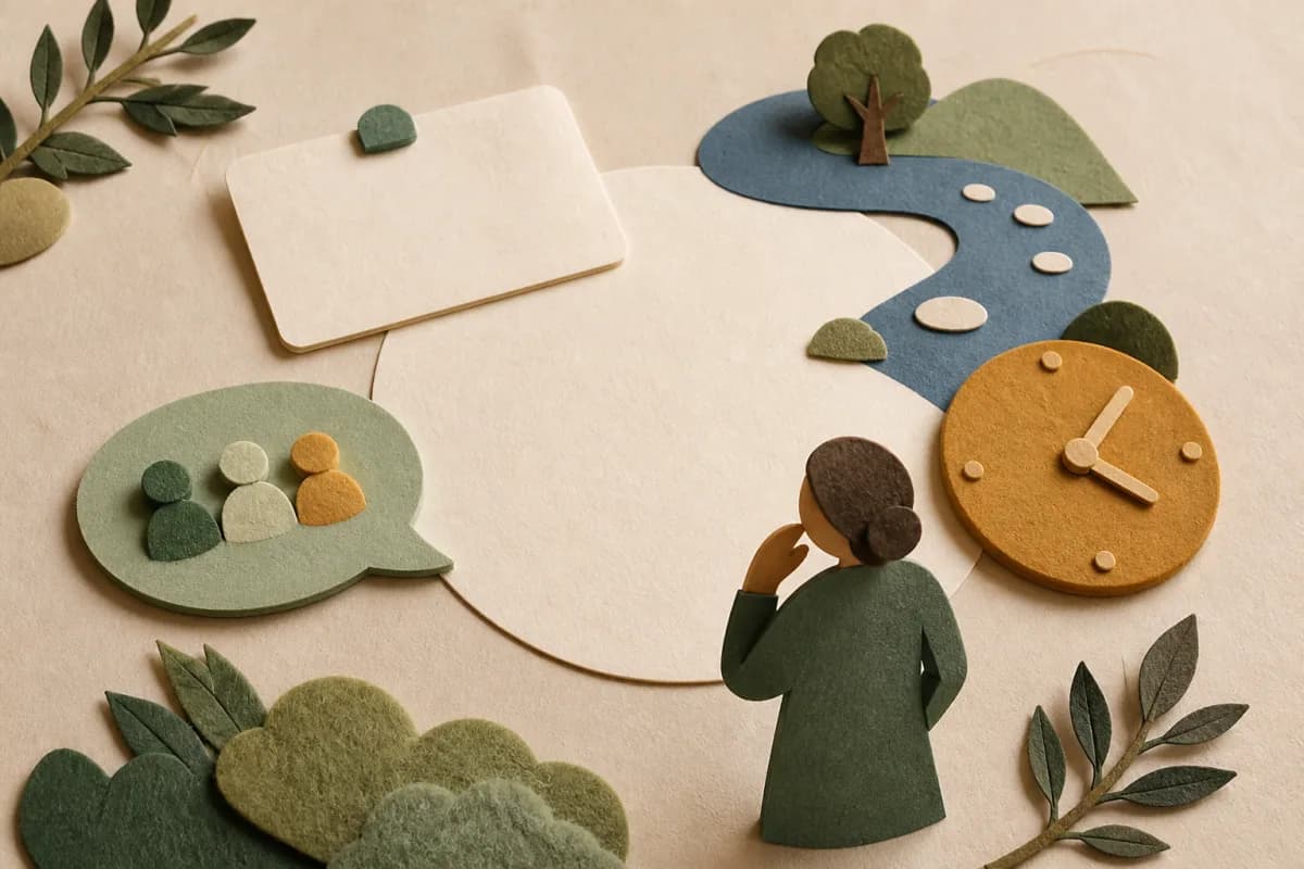 A paper-cut adult reviews a blank incident card, pupil-voice shape, calm pathway and review clock