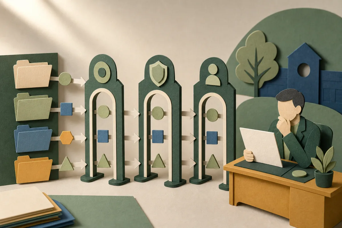 Tactile paper-cut data sources pass through purpose, supplier and access review gates before reaching a school decision desk