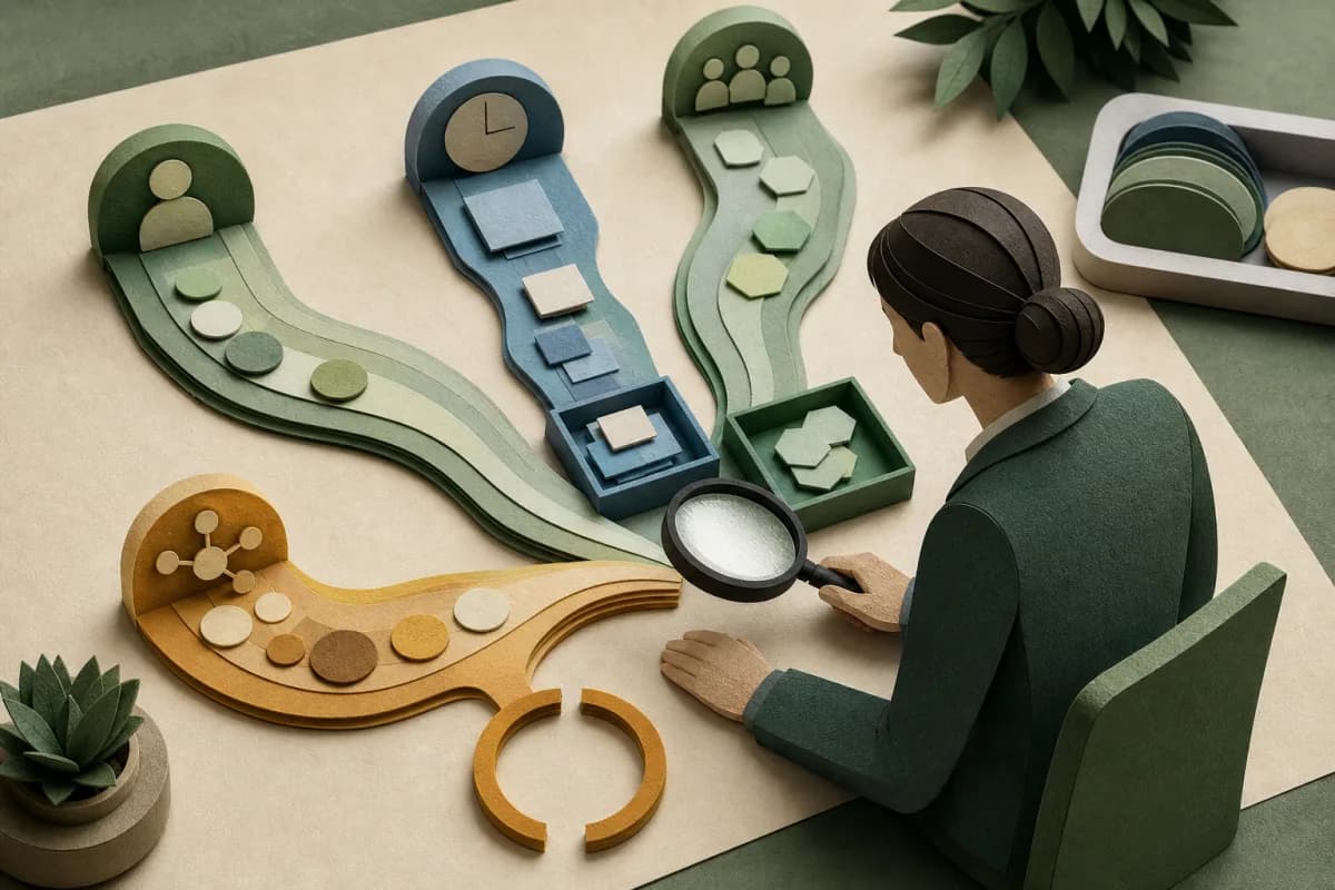 Separate paper-cut access, retention, processor and AI pathways meet at a human review lens with one risk left visibly unresolved