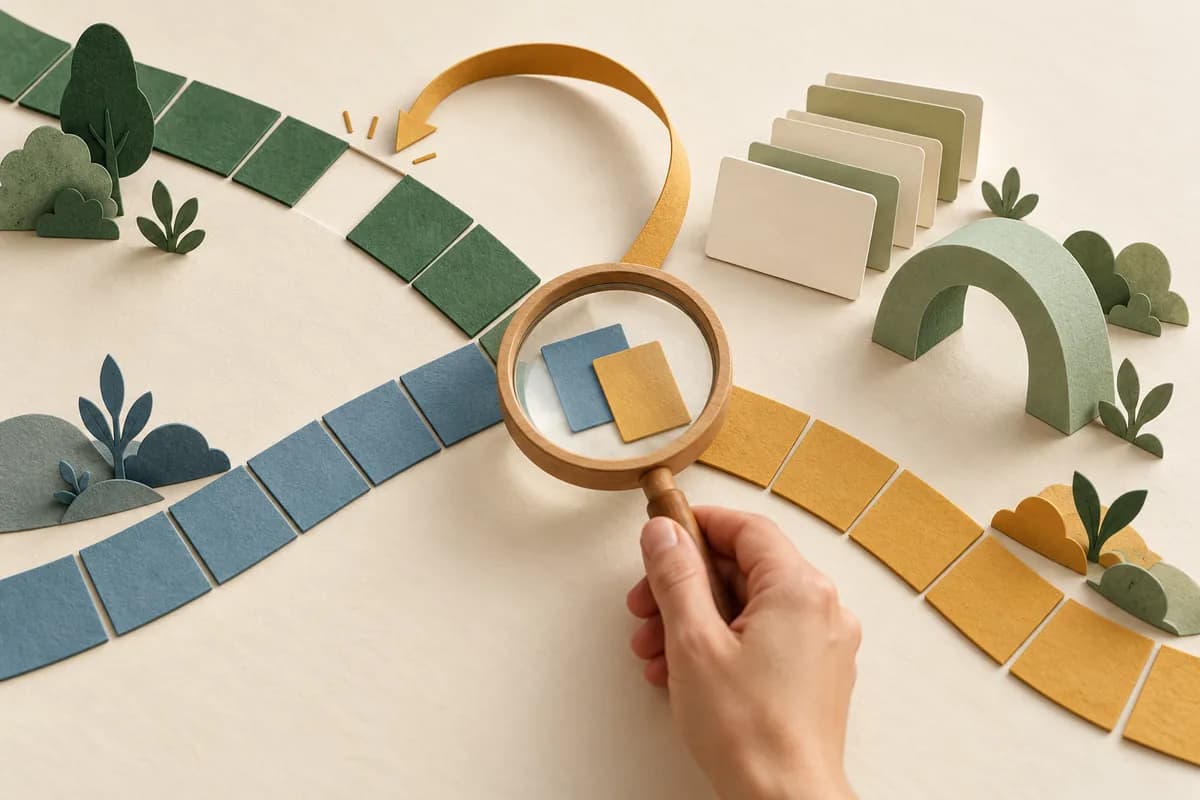 Blue, green and ochre evidence paths with a gap, blank cards and an adult-held review lens