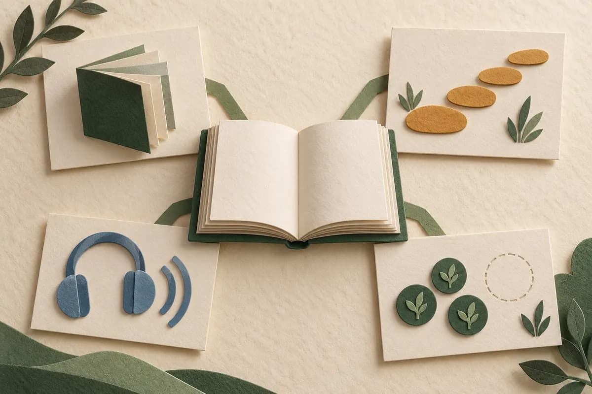 An open paper book connected to separate blank evidence cards and support objects