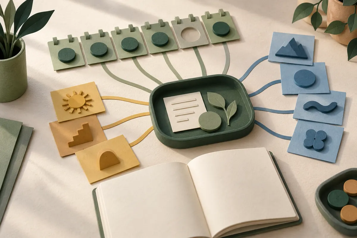 Blank calendar tiles and evidence cards connected to a review tray beside an open paper book
