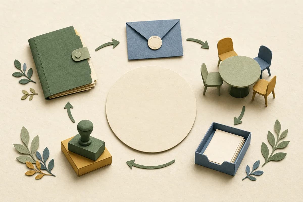 Paper plan folder, invitation, meeting table, report tray and decision stamp arranged as a circular countdown