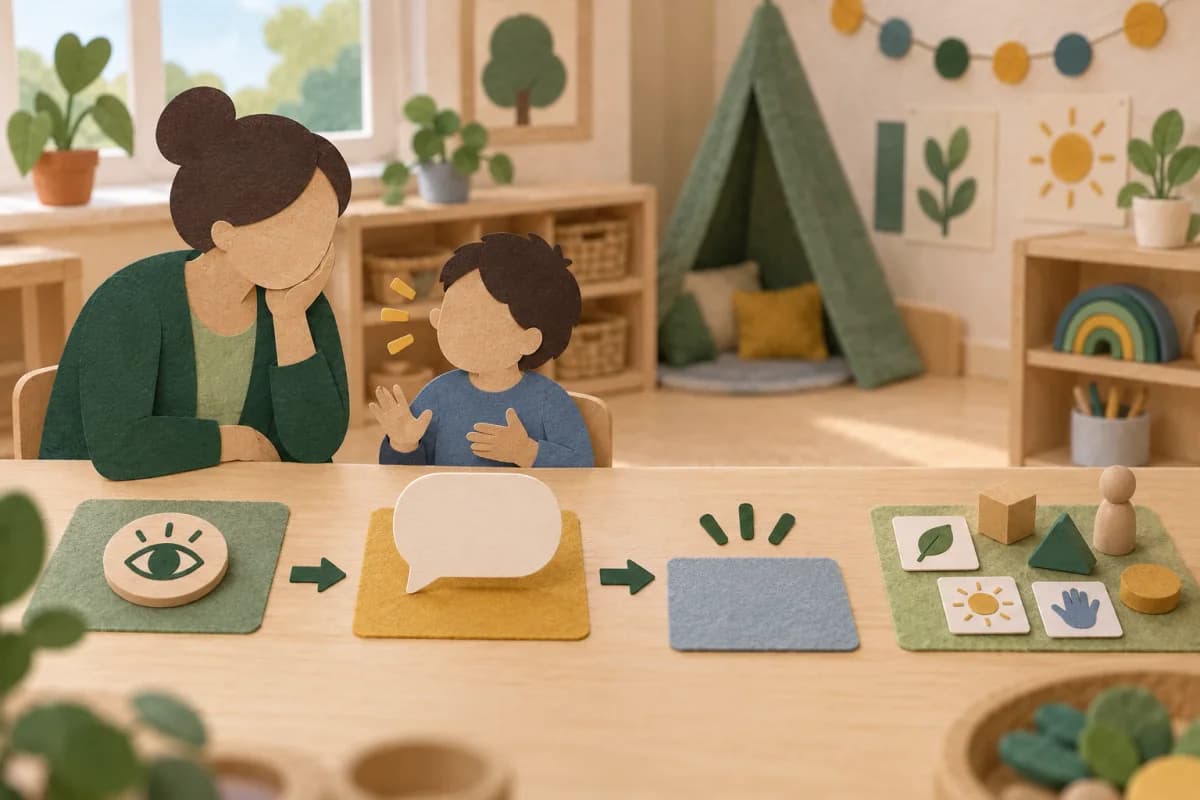 A paper-cut adult listens to a child beside objects representing observation, an open prompt, a pause and a child response